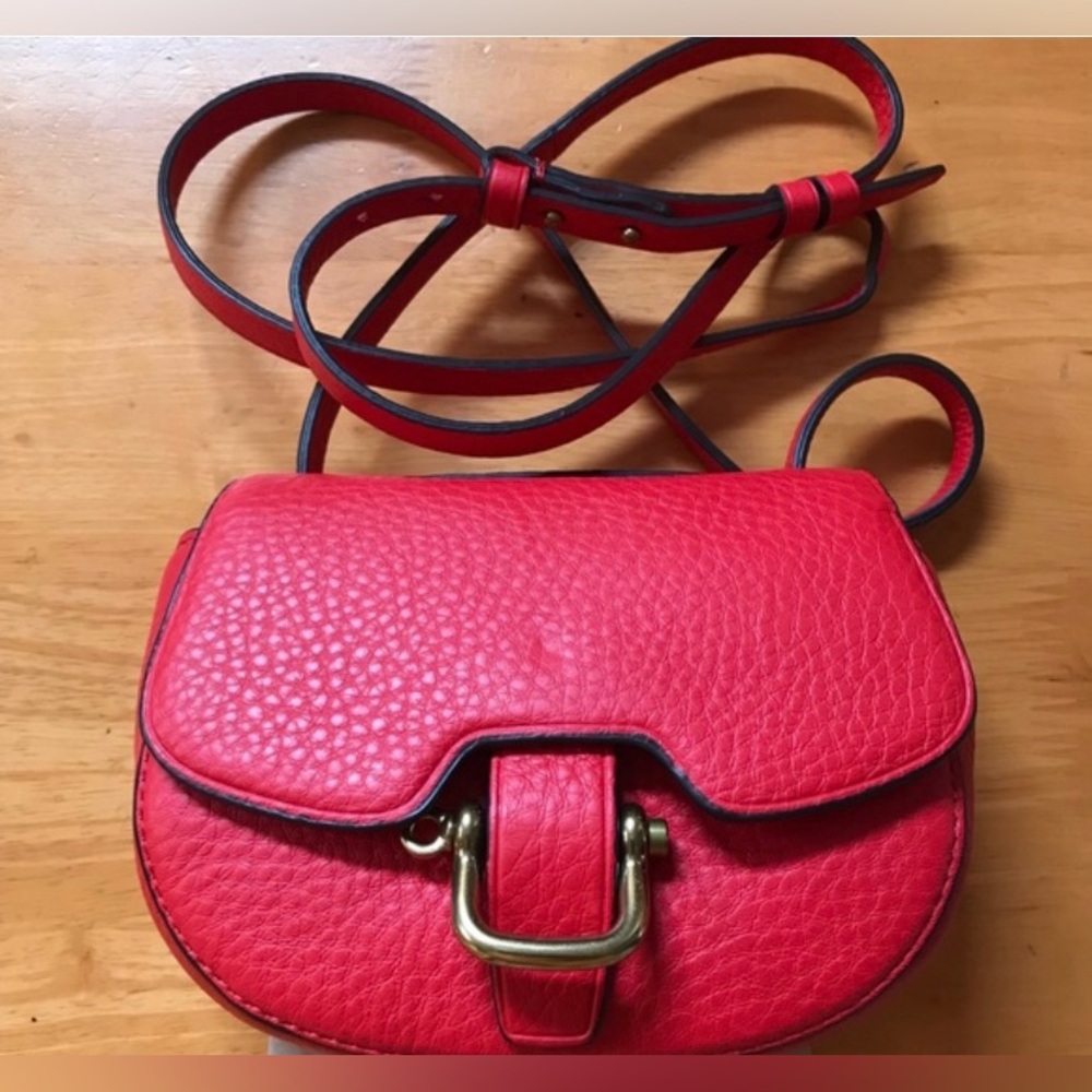 J.Crew 100% Vibrant Red Crossbody Bag with Saddle Shape and Gold Hardware - Picture 6 of 16